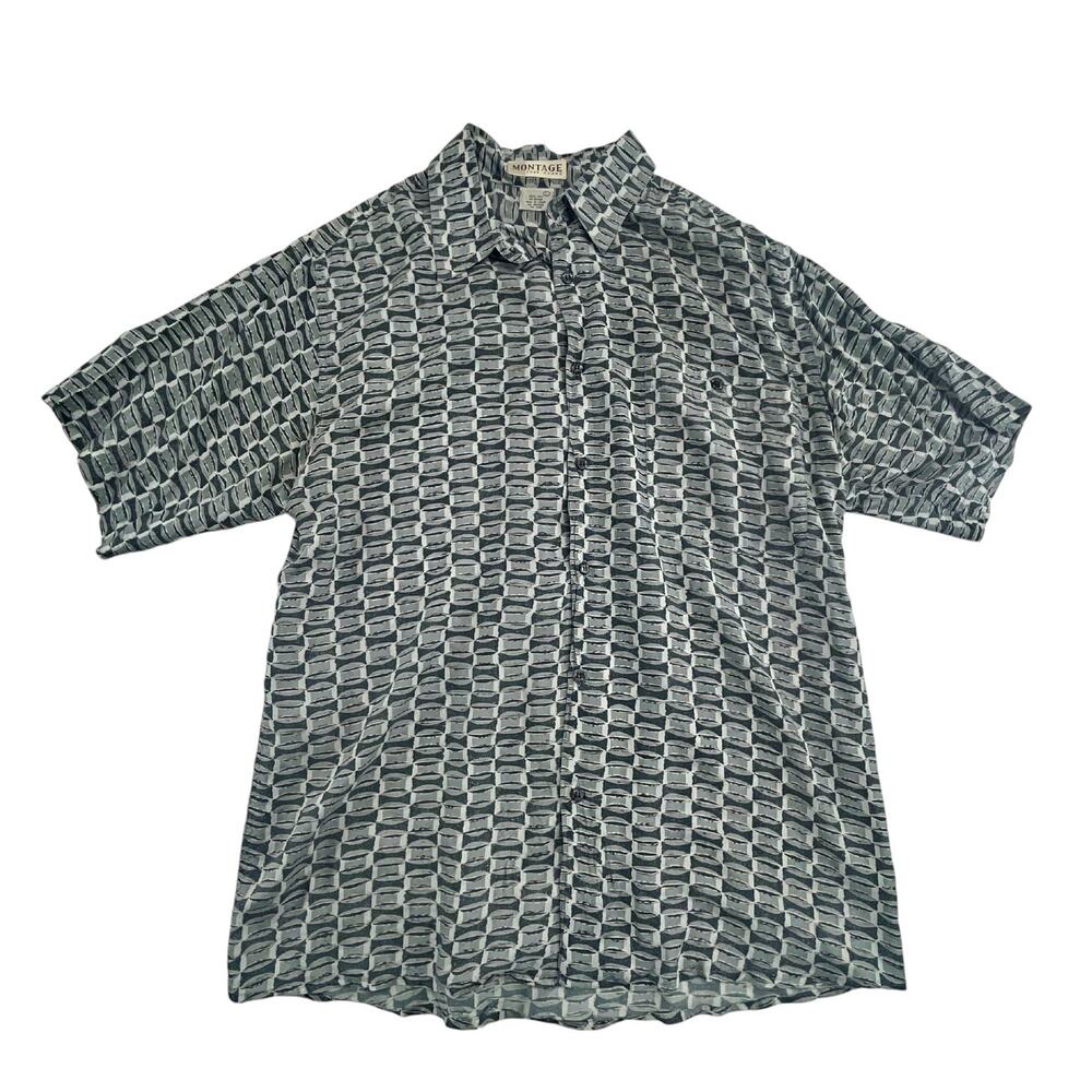 Vintage Montage Pour Homme Geometric 100% Silk Shirt Gray Cream Button Down
